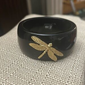 Vintage Black Lucite Bangle Bracelet with Gold Dragonfly